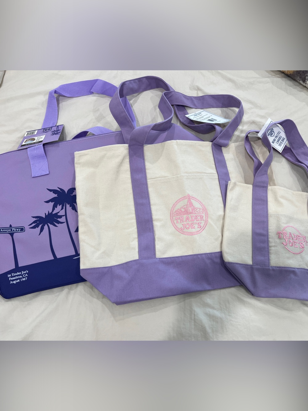 Trader Joe's Lavender-Trim Canvas Tote Bag- 3 pc set